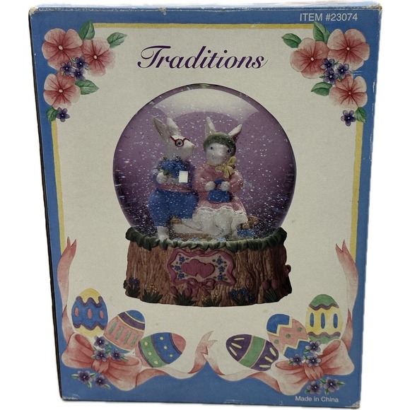 Vtg Easter Musical Snowglobe Mr & Mrs Rabbit Bunny Love Works Hand Painted VIDEO - Picture 12 of 12